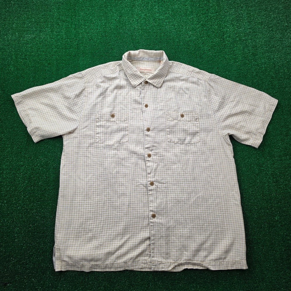 Tommy Bahama Shirt Mens Large Plaid Dual Pocket Button Up Short Sleeve 100% Silk